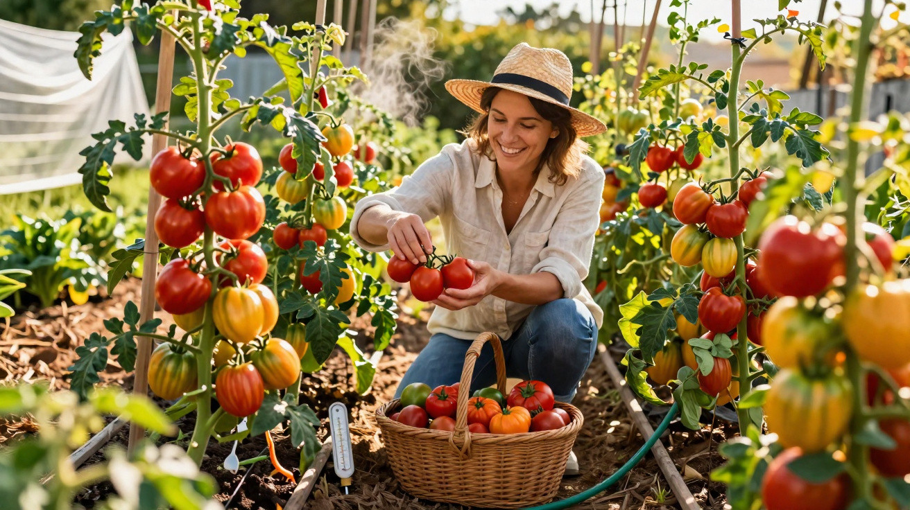 Mulher com chapéu apanha tomates maduros num jardim hortícola ensolarado.