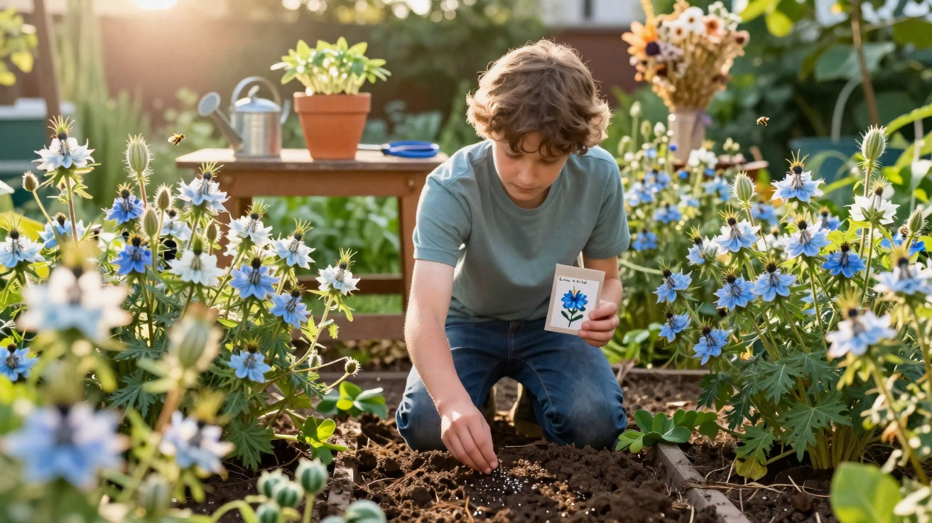 Criança a plantar sementes num jardim florido, segurando um cartão com desenho de flor.