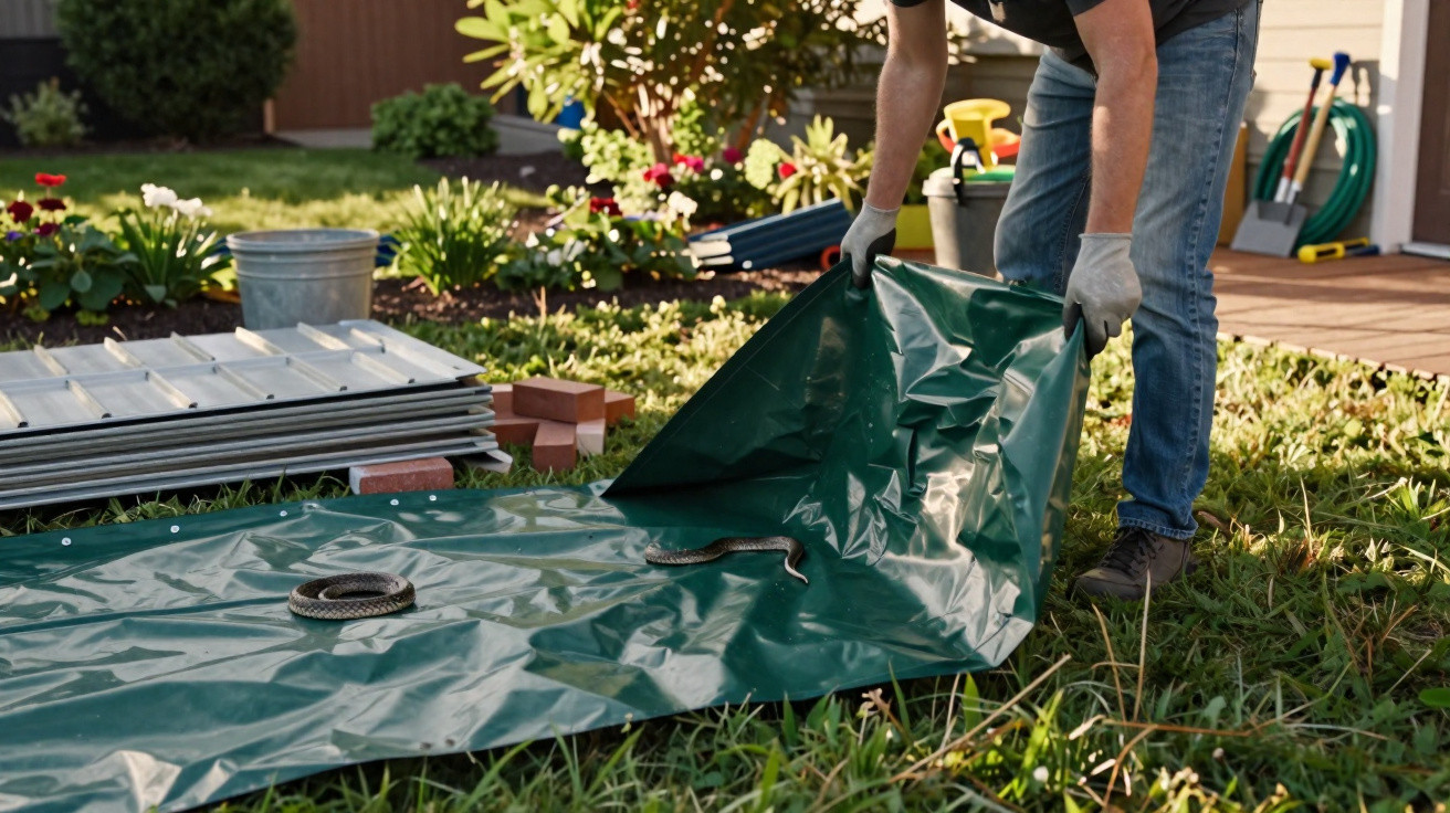 Pessoa a manusear plástico verde num jardim, com algumas placas metálicas e uma cobra visível sobre o plástico.