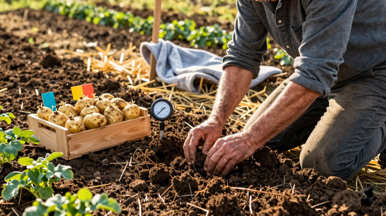 Pessoa a plantar batatas germinadas na terra de uma horta com caixa de batatas ao lado e ancinho ao fundo.