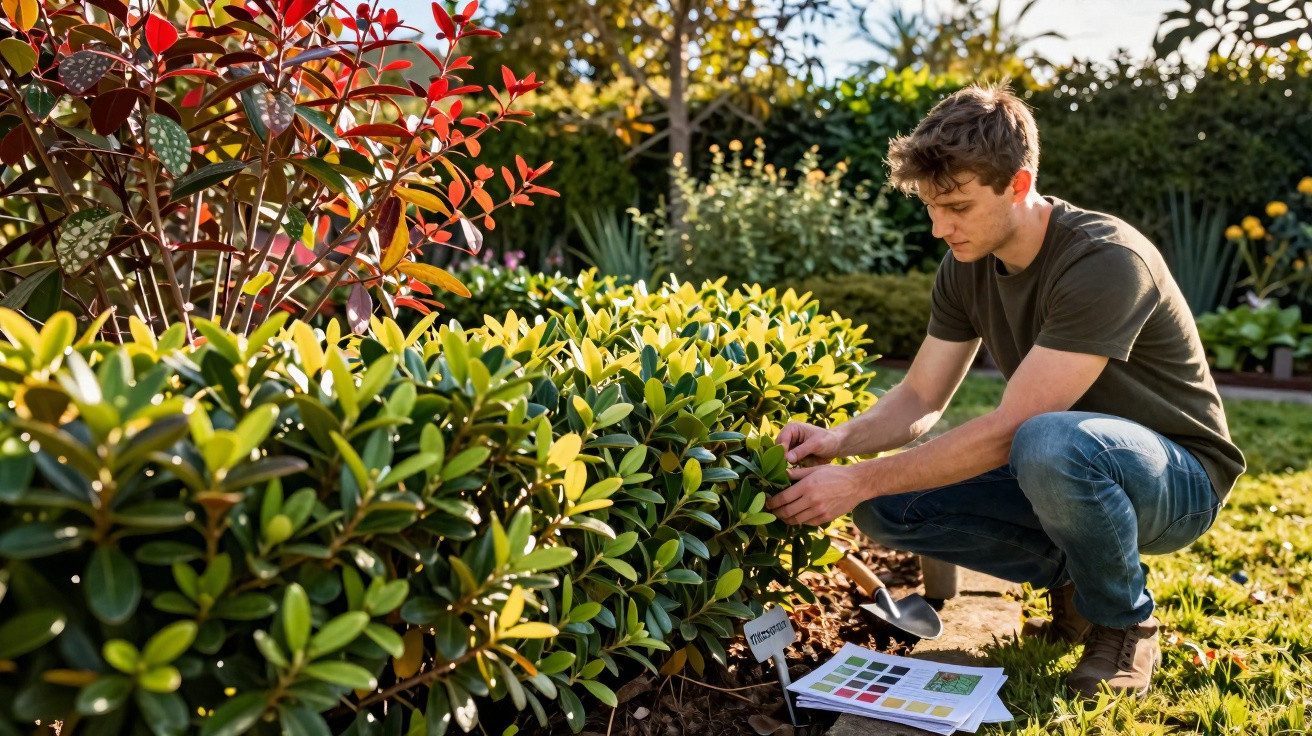 Homem a analisar plantas num jardim ensolarado, com amostras de cor e caderno junto às ervas.