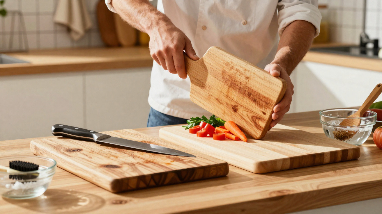 Pessoa a segurar tábua de cortar enquanto outra tábua com faca e legumes está sobre bancada de cozinha.