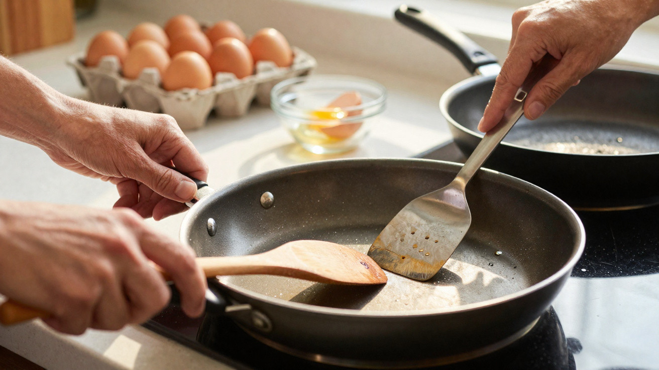 Duas pessoas a cozinhar numa frigideira com ovos e utensílios de cozinha na bancada.