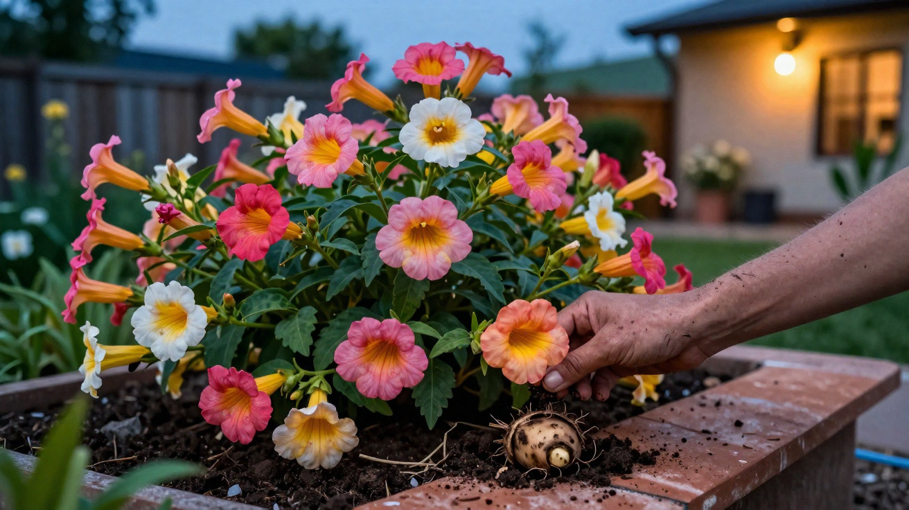 Plantas com flores rosa e amarelas em vaso de barro, com mãos a plantar bulbo ao entardecer.