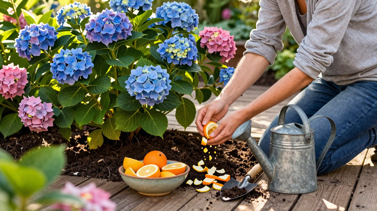 Pessoa a espalhar cascas de laranja para adubo próximo de hortênsias floridas num jardim ensolarado.