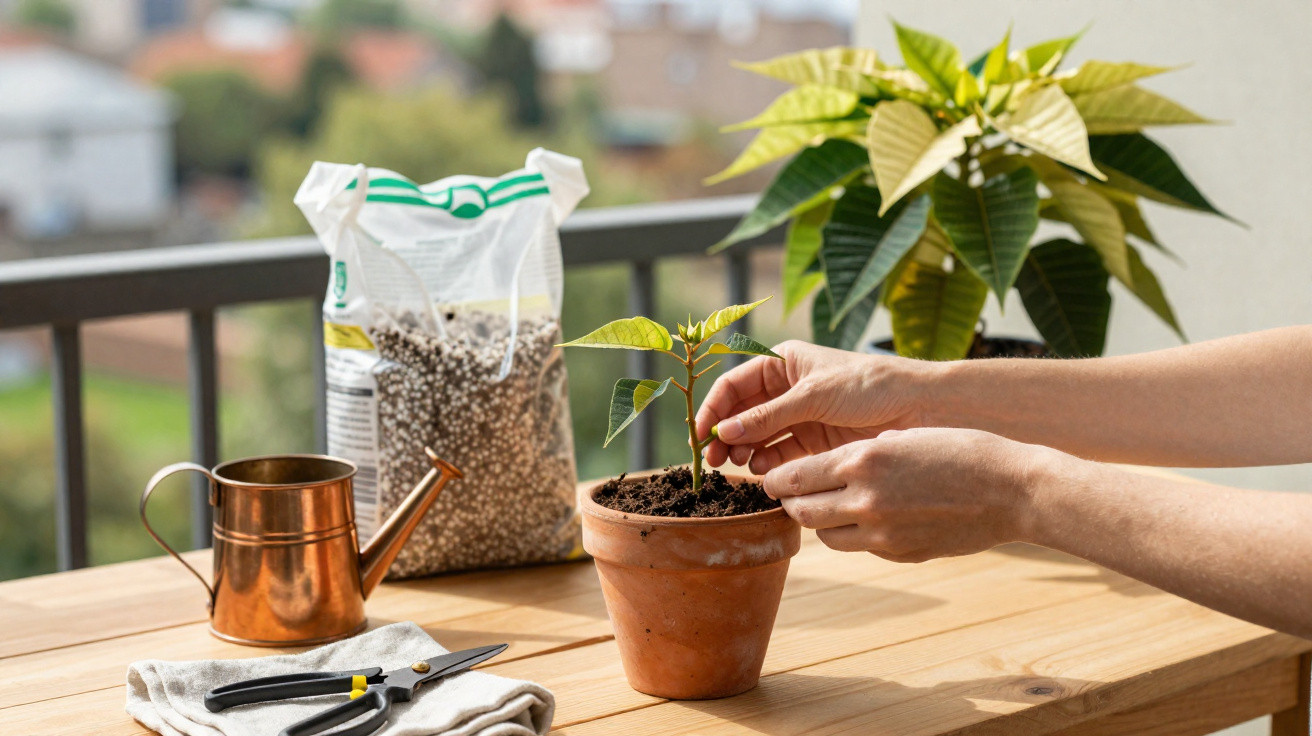 Pessoa a cuidar de planta jovem em vaso de barro, com regador, tesoura e planta maior no fundo.