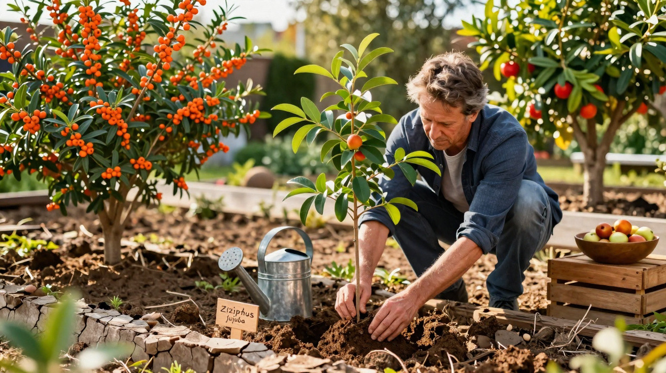 Homem a plantar árvore jovem num jardim com frutos e regador ao lado em dia ensolarado.