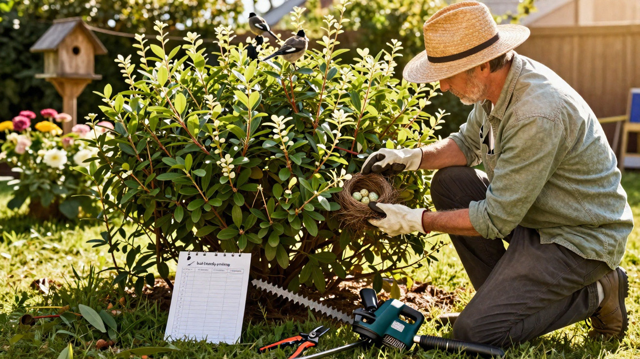 Homem com chapéu cuida de ninho com ovos num jardim, ao lado de arbusto e equipamento de poda.
