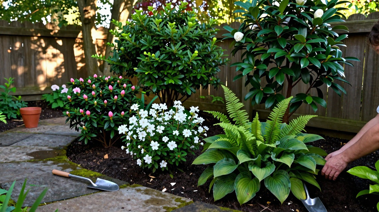 Jardim com plantas variadas e pessoa a plantar flor branca num vaso de barro junto a cerca de madeira.