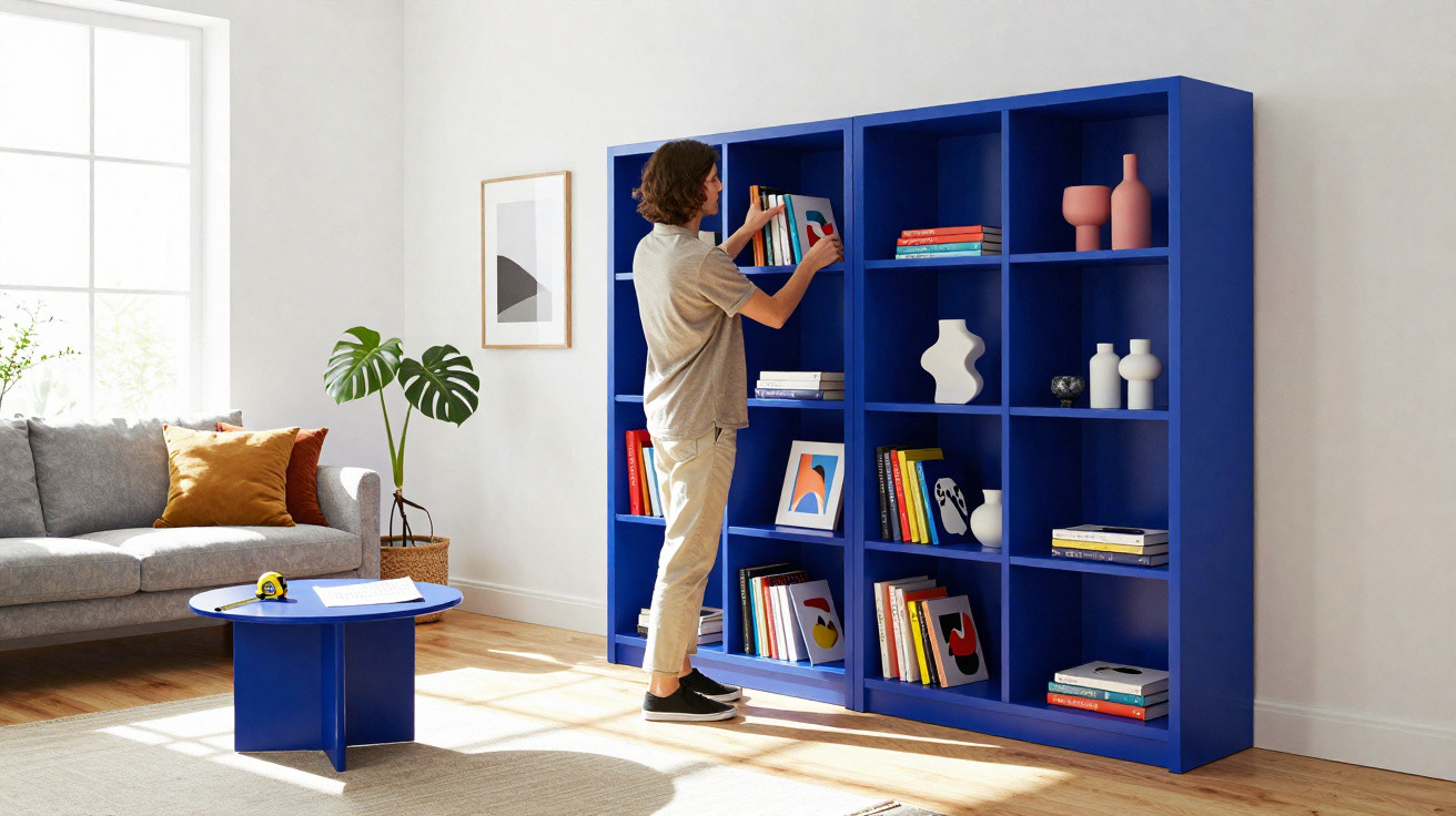 Pessoa a organizar livros e objetos numa estante azul em sala de estar luminosa com sofá cinzento.