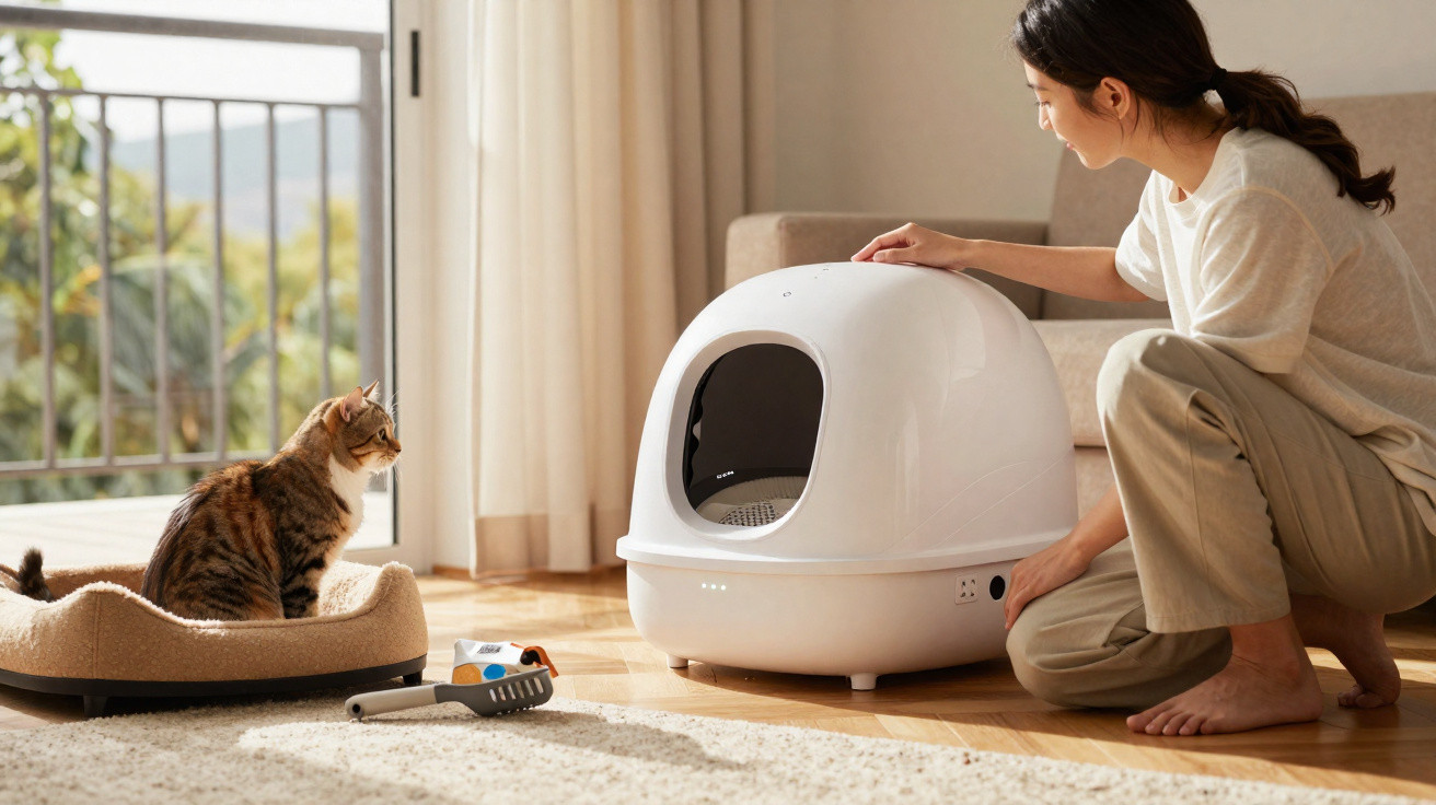 Mulher monta casa de banho automática para gato sentado perto numa cama felina numa sala iluminada.