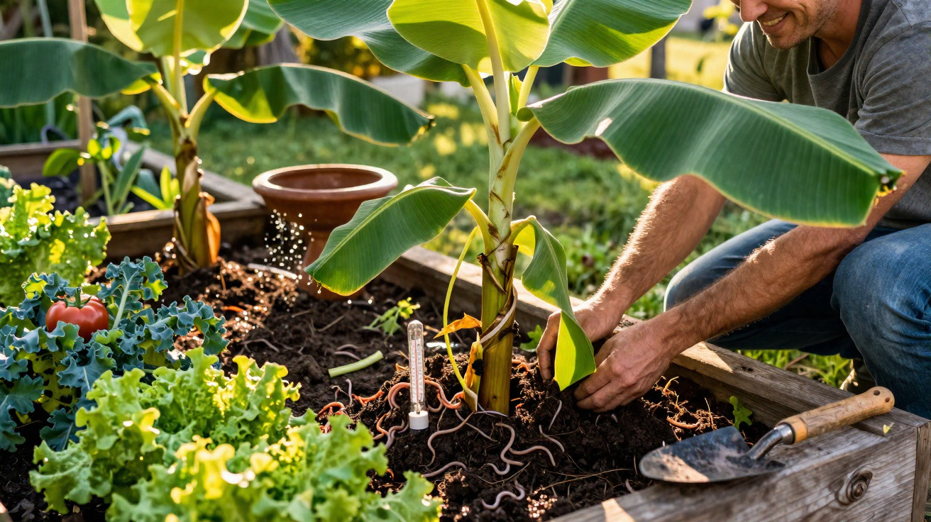 Pessoa a plantar ou cuidar de uma pequena bananeira num jardim com alfaces e utensílio de jardinagem.
