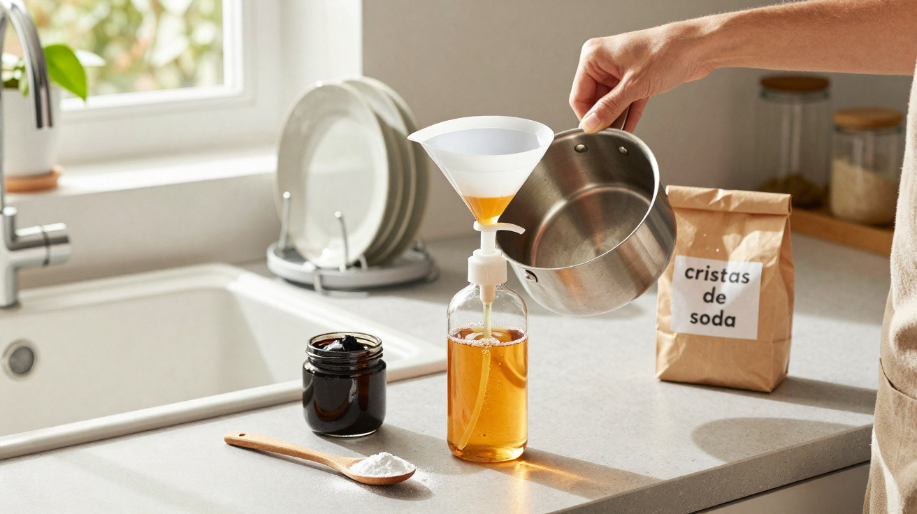 Pessoa a colocar líquido ambar num frasco usando funil na cozinha, com ingredientes ao lado.