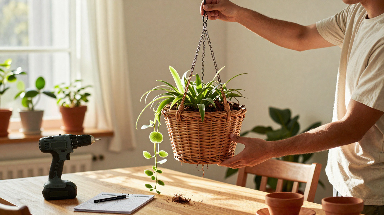 Pessoa a segurar um vaso suspenso de plantas verdes num ambiente interior com luz natural.