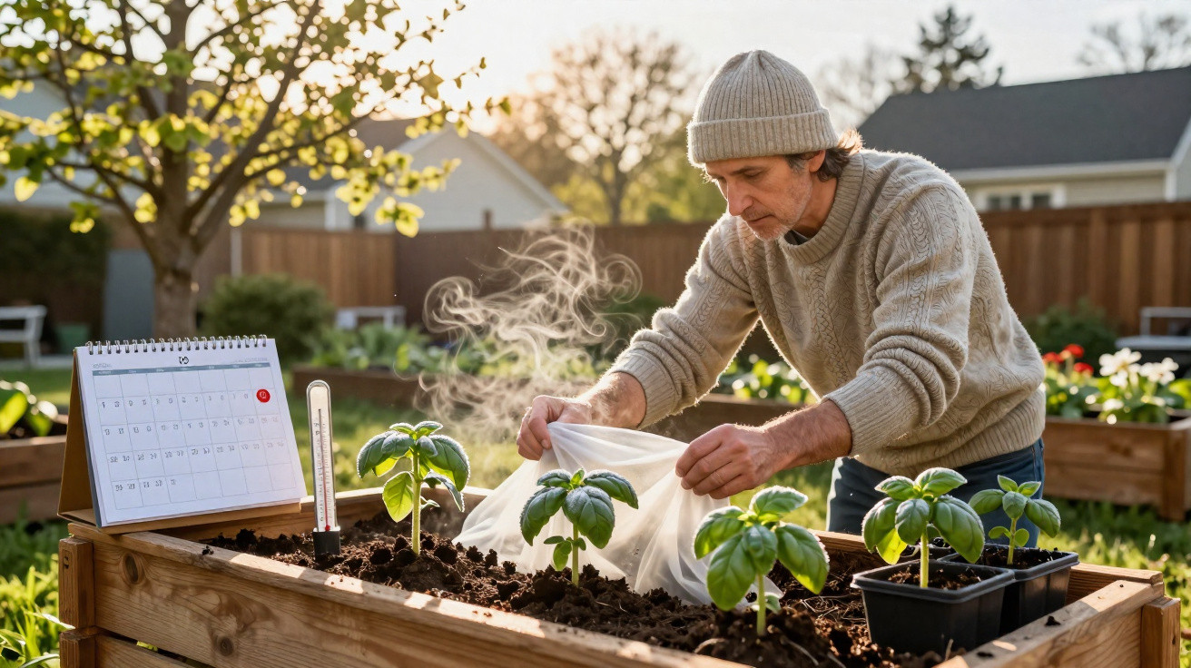 Homem a proteger plantas com rede numa horta elevada num jardim ao entardecer no mês de maio.