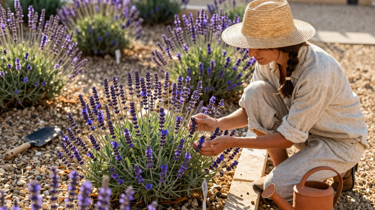 Mulher de chapéu cuida de plantas de lavanda num jardim com solo coberto de pedras.