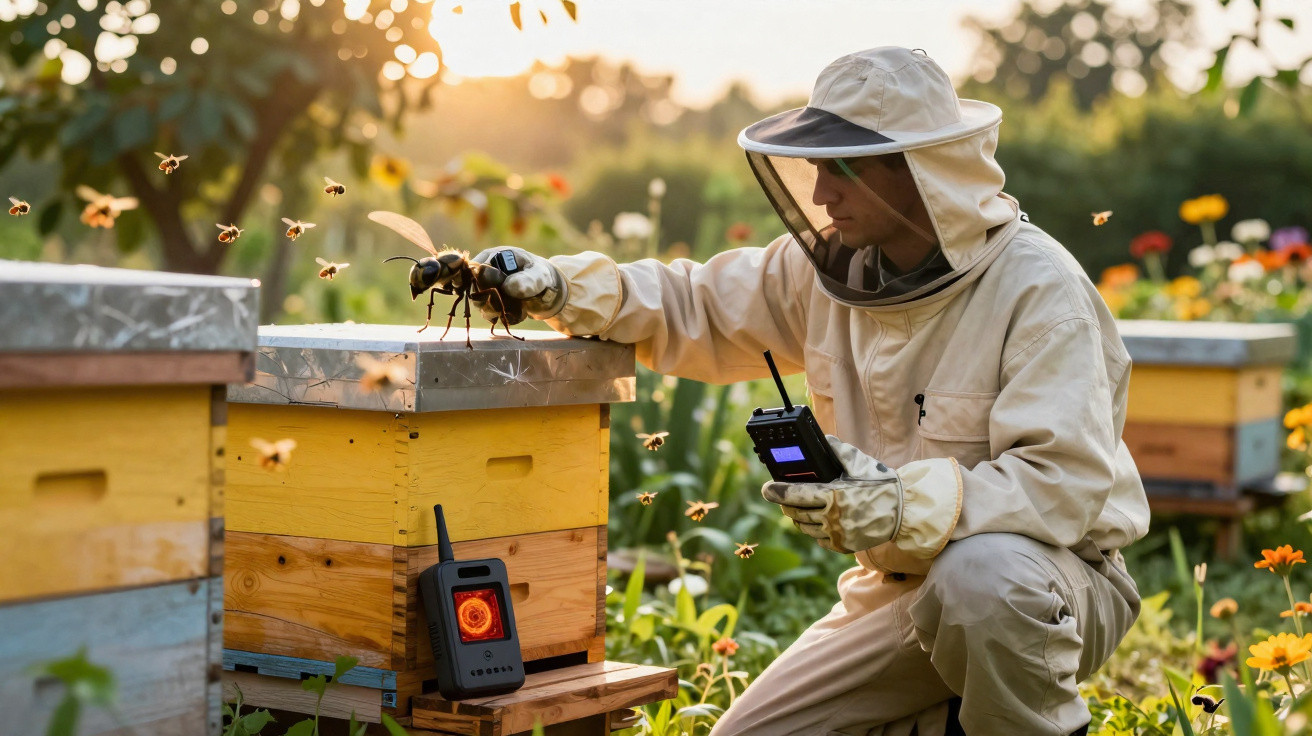 Apicultor em fato de proteção a examina uma colmeia com abelhas num jardim florido ao entardecer.