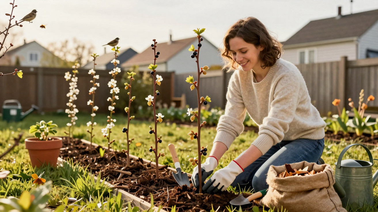 Mulher a cuidar de plantas jovens num jardim com luvas, pá, regador e sacos de terra.