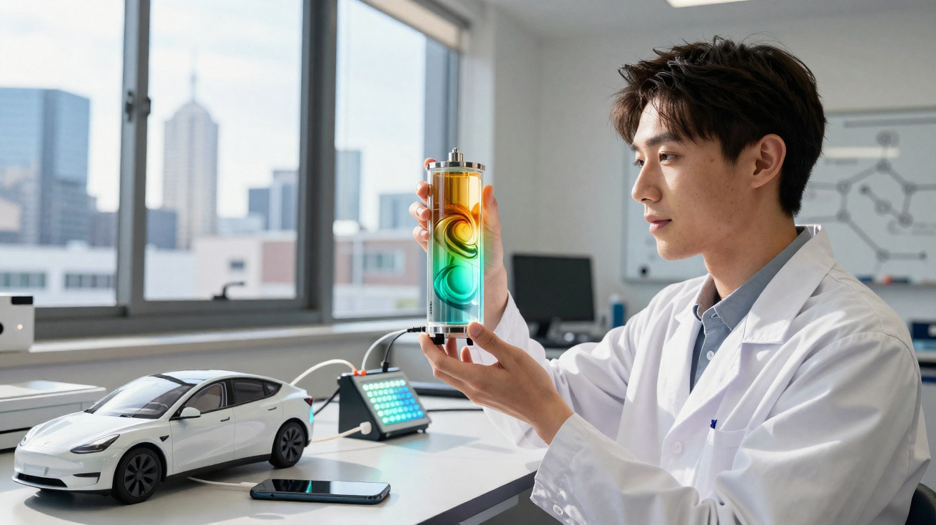 Cientista a analisar dispositivo tecnológico futurista em laboratório com carro elétrico e equipamentos.