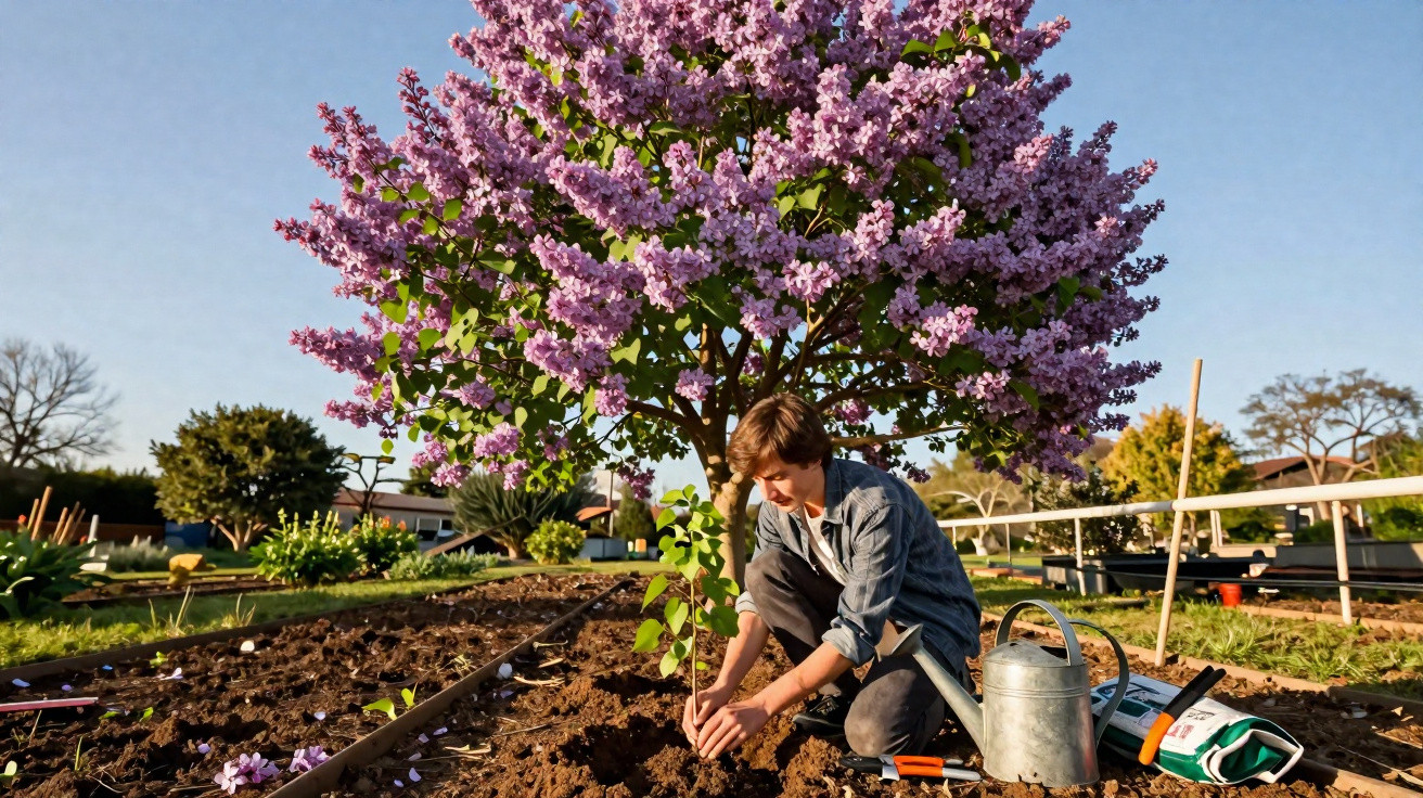 Homem a plantar uma árvore jovem num jardim, sob uma árvore maior com flores cor-de-rosa, ao sol.