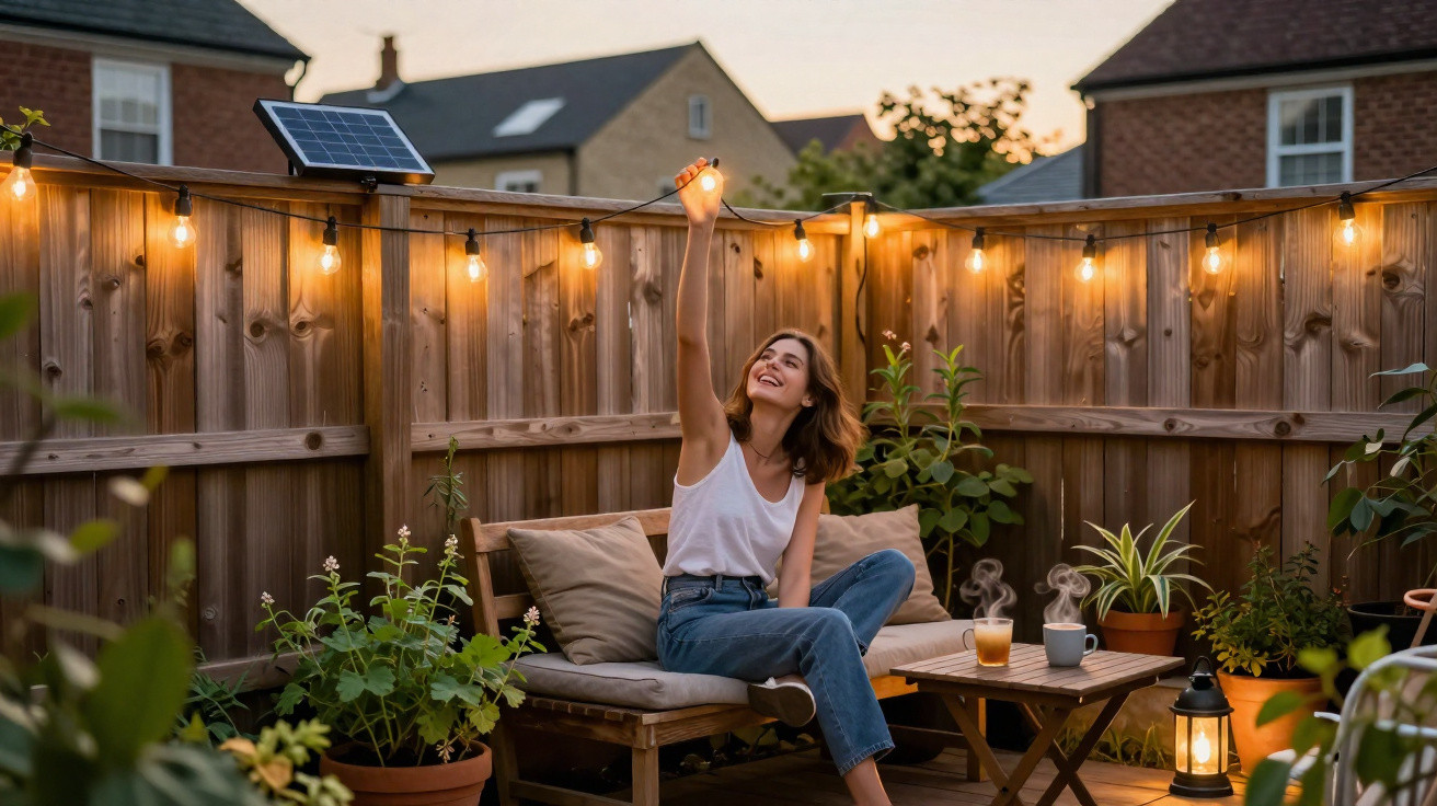 Mulher sentada num banco de jardim com luzes solares e plantas ao final da tarde.