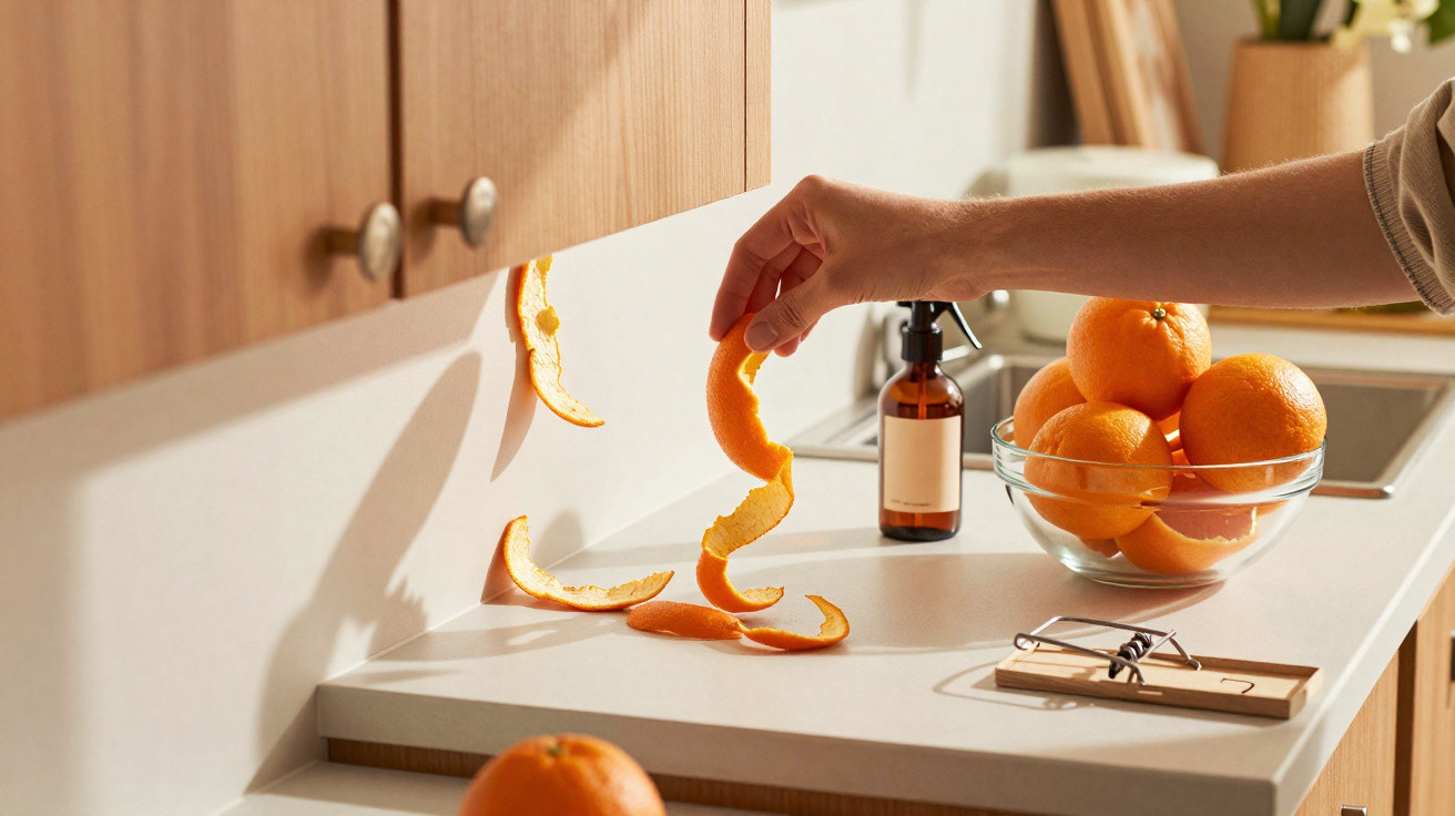 Mão a colocar casca de laranja sobre bancada de cozinha com cesto de laranjas e ratoeira.