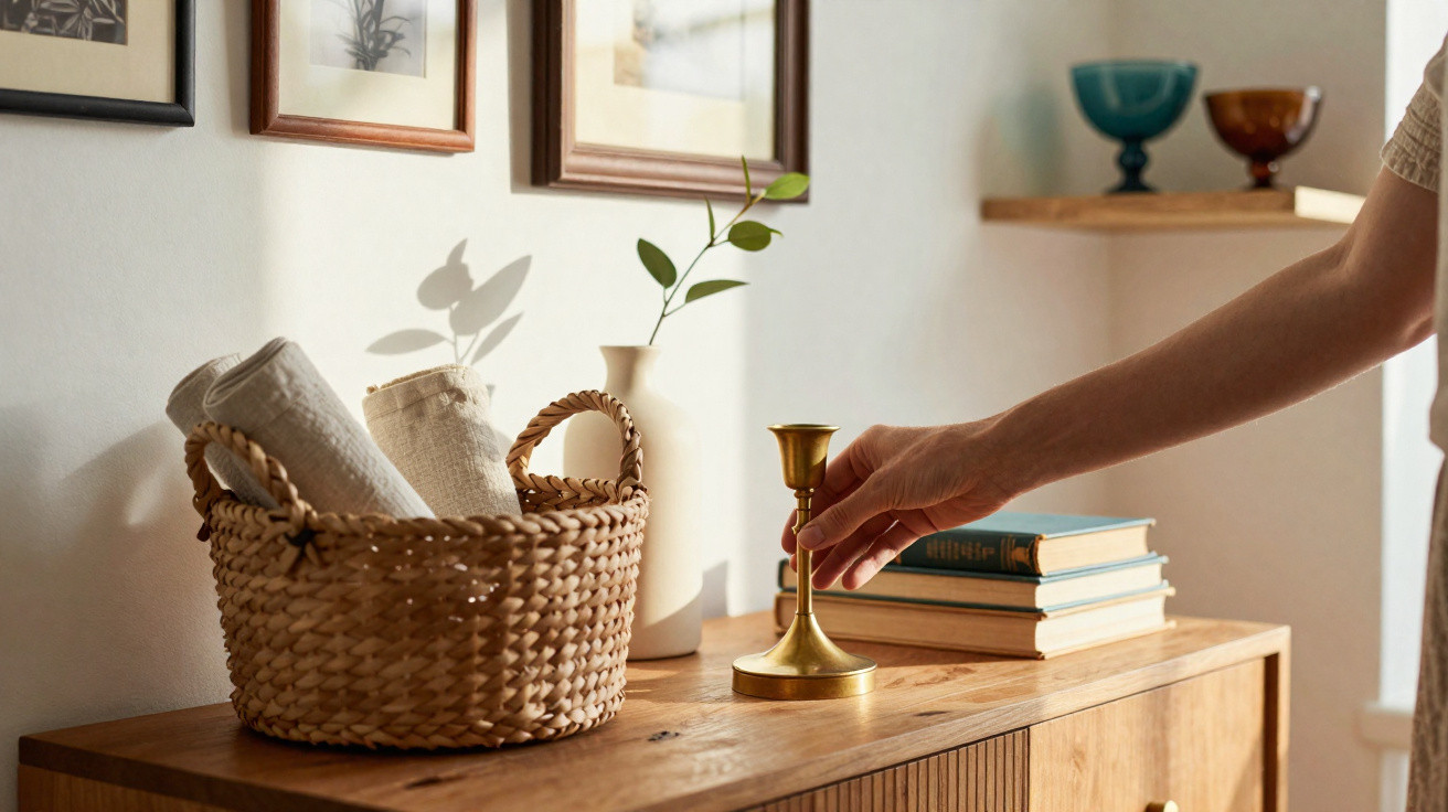 Mão a pegar castiçal dourado em móvel de madeira com cesto, livros e vaso decorativos numa sala iluminada.