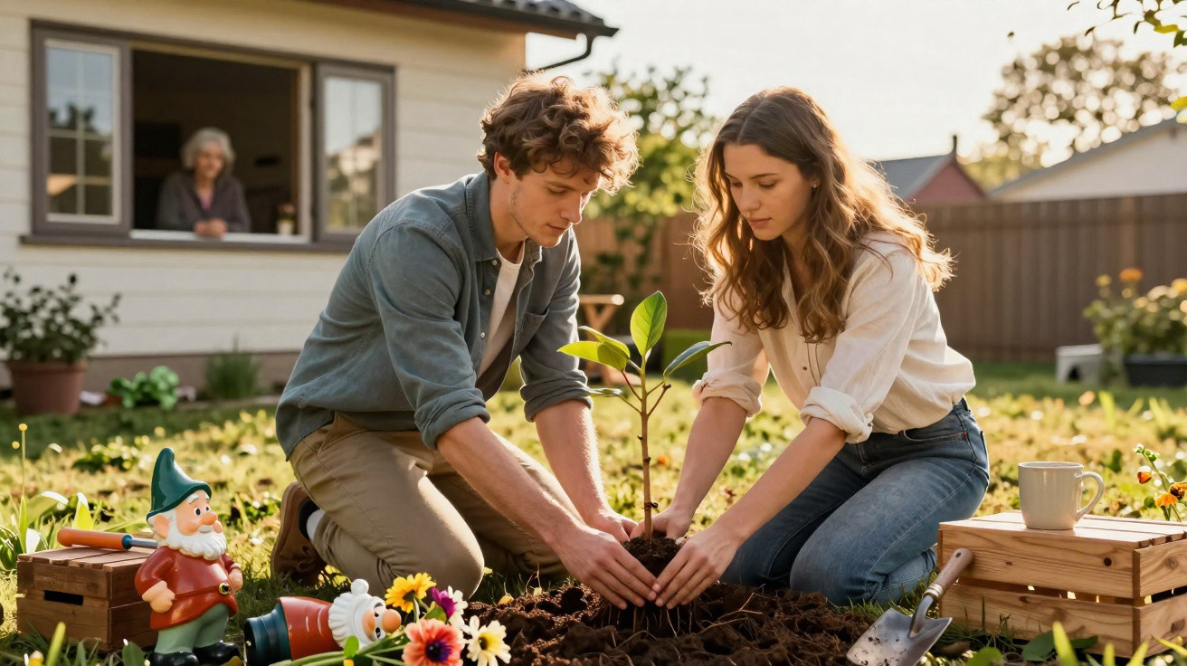 Jovem casal a plantar uma árvore no jardim com decoração de gnomo e flores à volta.