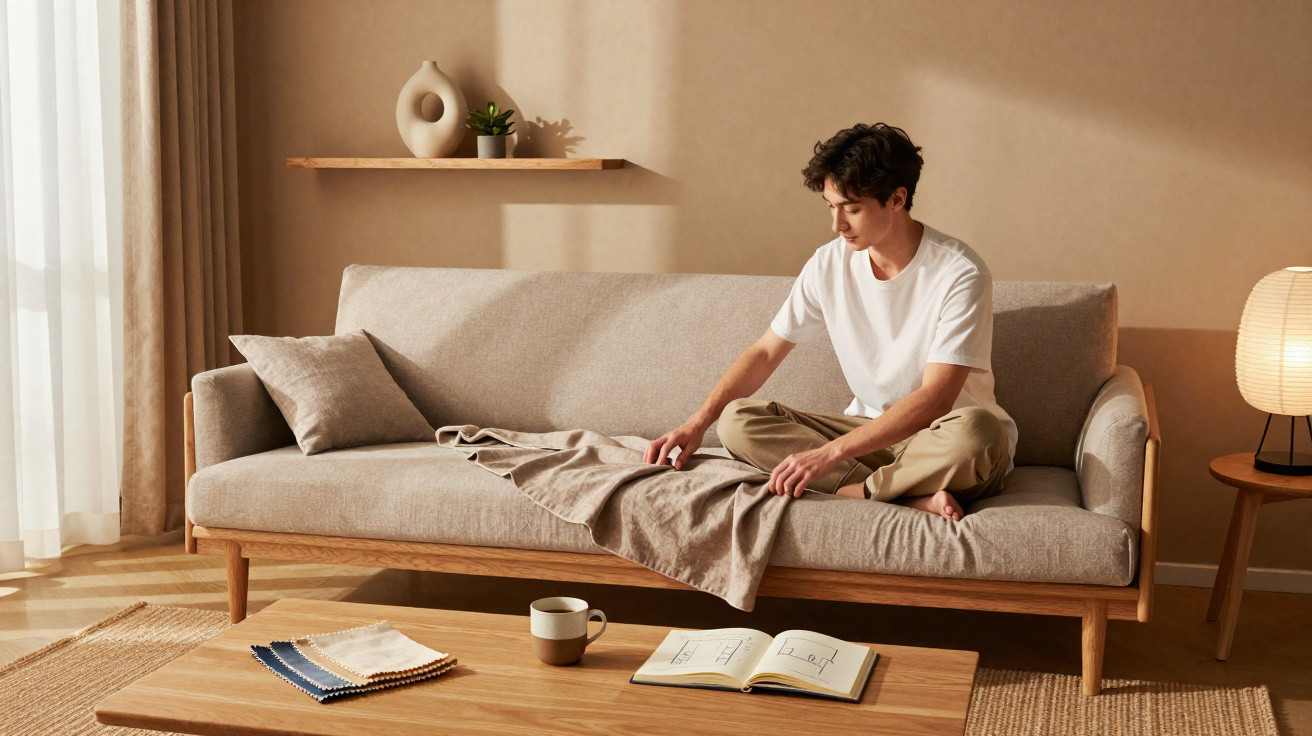 Jovem sentado no sofá a mostrar amostras de tecidos numa sala com decoração minimalista e luz suave.