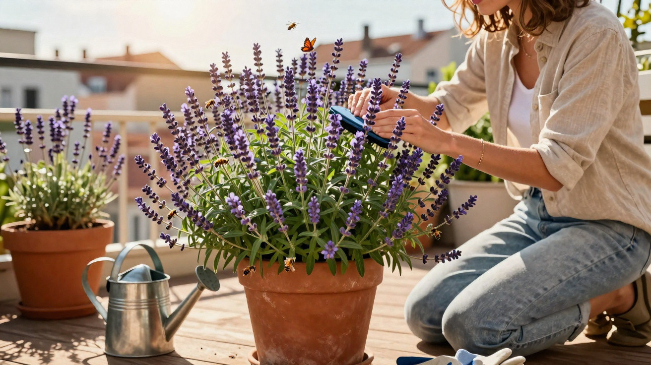 Mulher a cuidar de plantas de lavanda em vasos num terraço ensolarado.