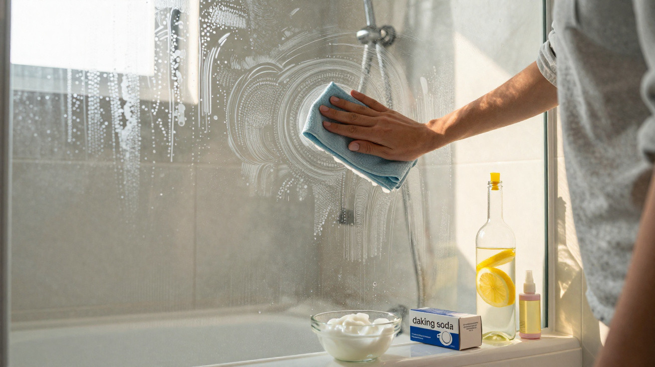Pessoa a limpar um vidro de casa de banho com um pano branco e produtos de limpeza no parapeito.