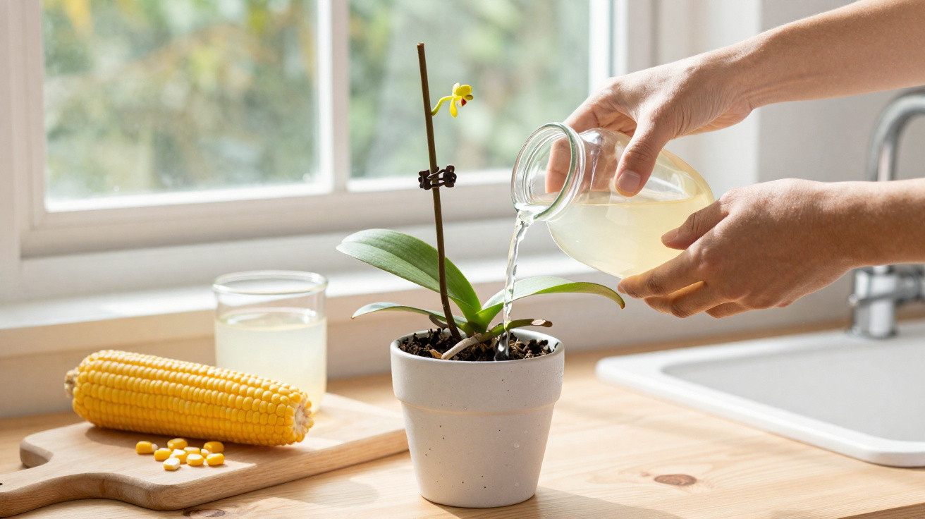 Pessoa a regar planta em vaso branco numa cozinha com espiga de milho ao lado na bancada junto à janela.