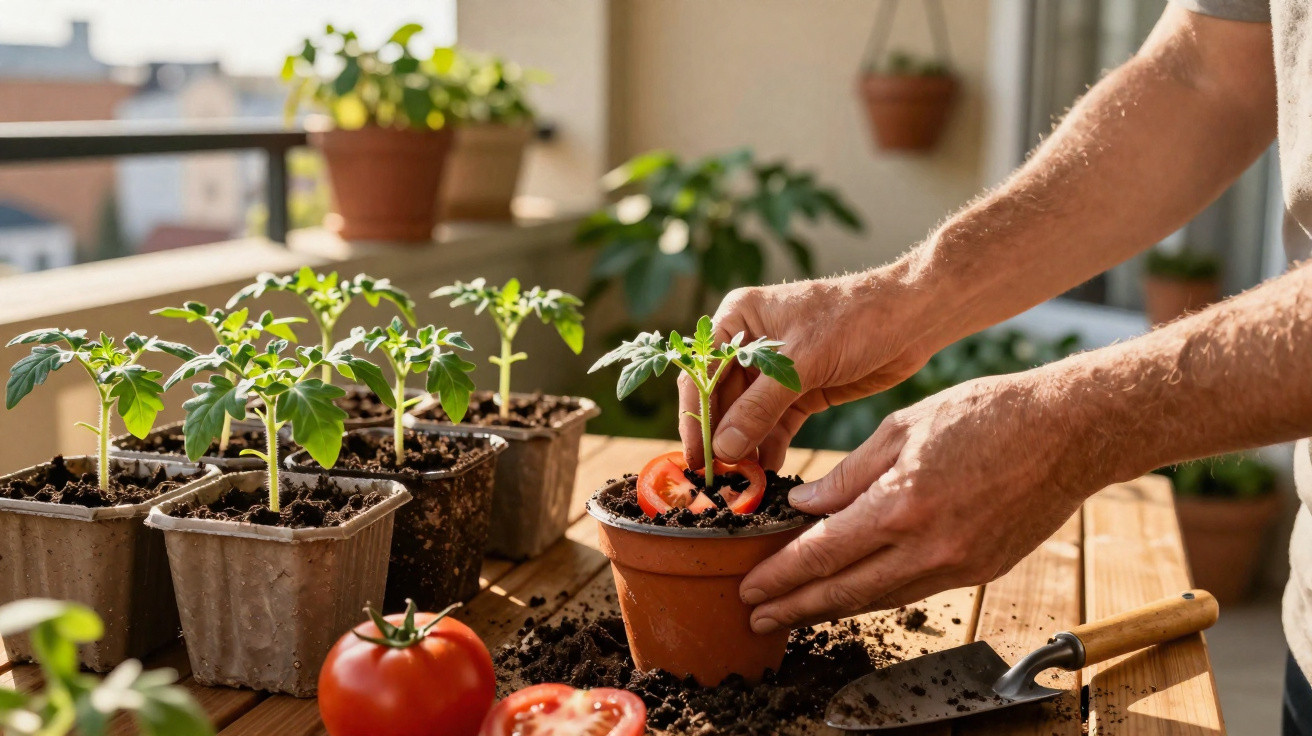 Mãos a plantar mudas de tomate em vaso num ambiente de varanda com ferramentas de jardinagem.