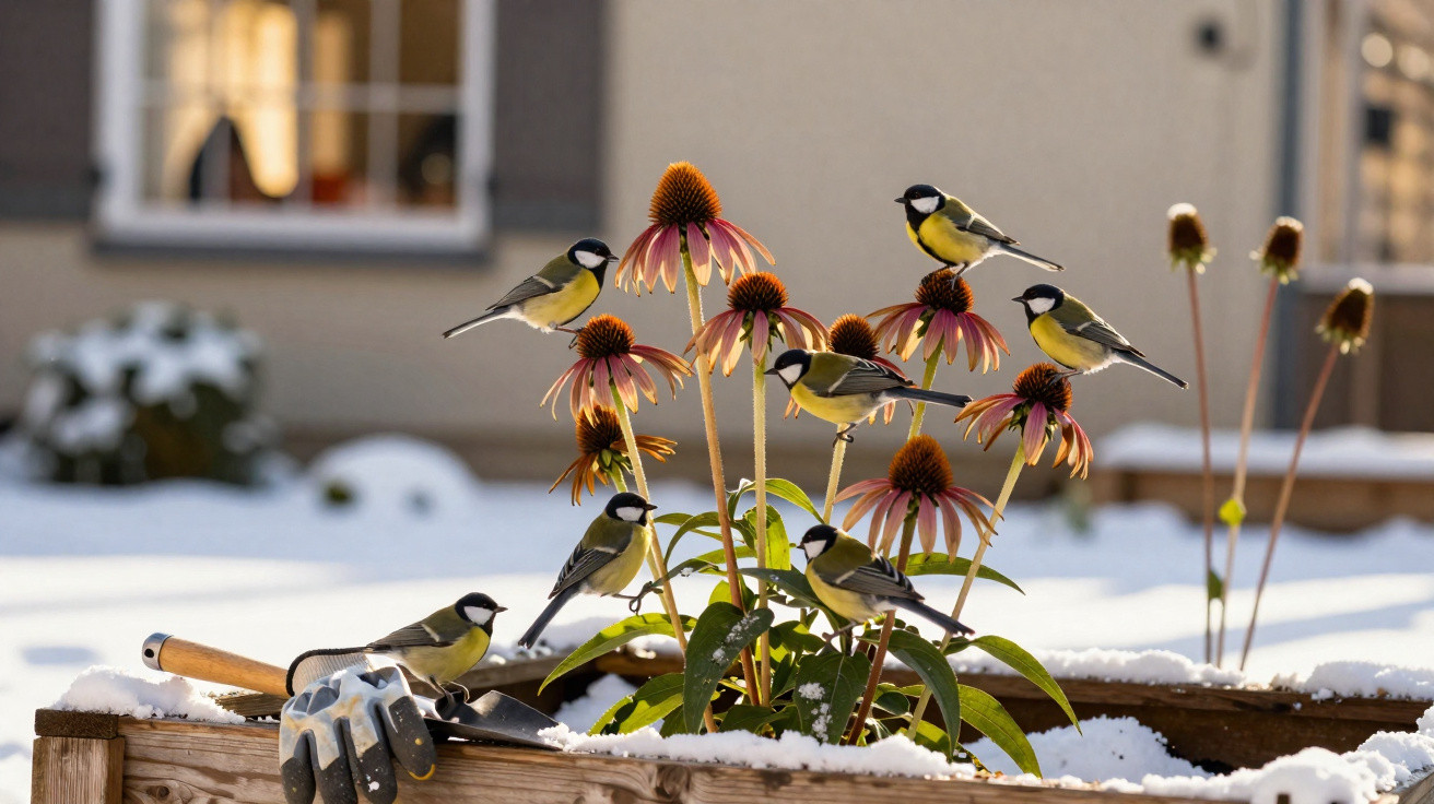 Flores roxas num canteiro com neve, três pardais pousados e duas luvas de jardinagem.
