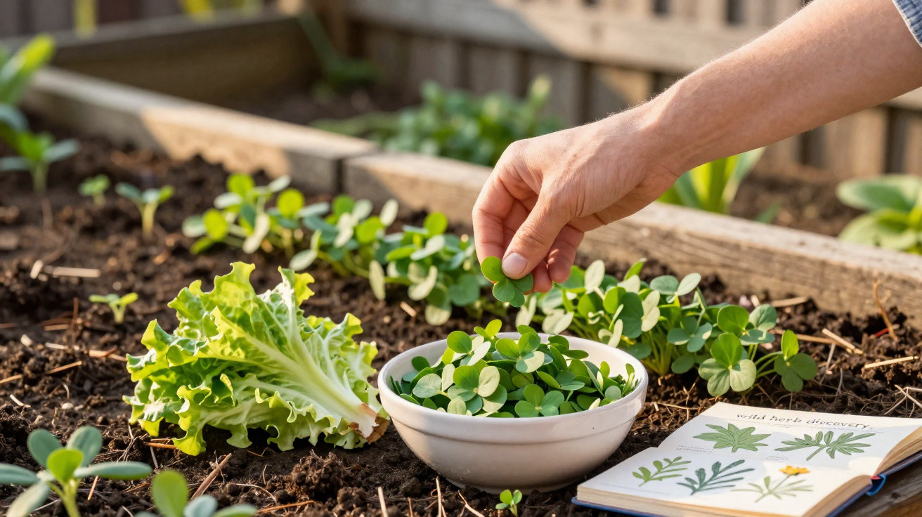 Mãos colhendo folhas verdes numa horta, com caderno aberto e várias plantas ao redor.