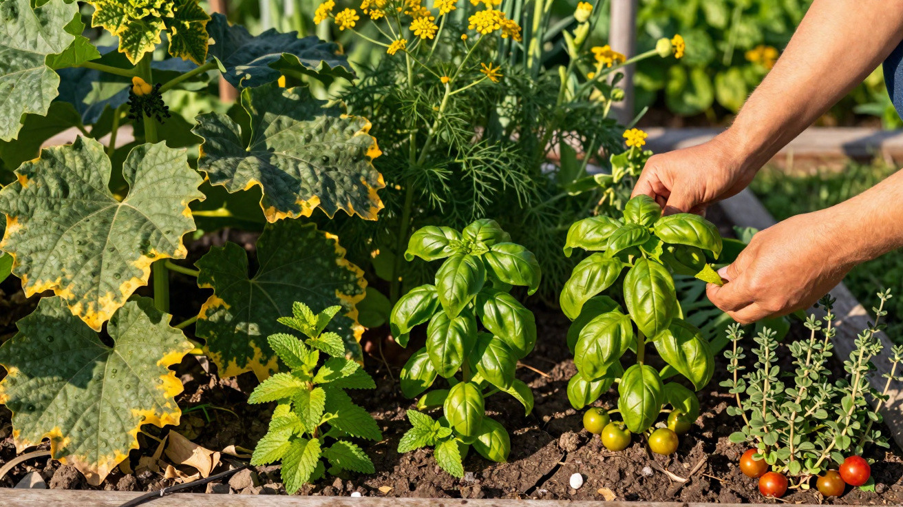 Mãos cuidam de manjericão num jardim com outras ervas, plantas e tomates cereja maduros.