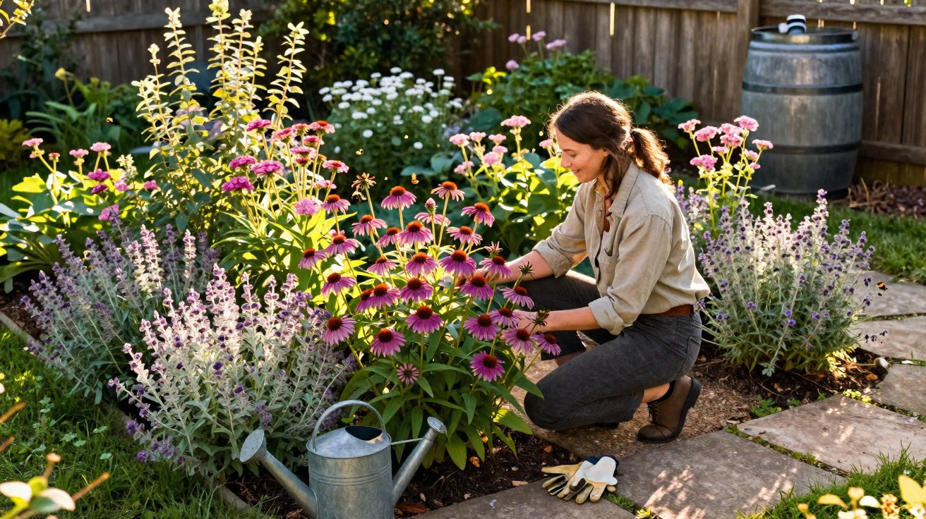 Mulher a cuidar de flores num jardim, rodeada de flores cor-de-rosa e lavanda, com regador e luvas no chão.