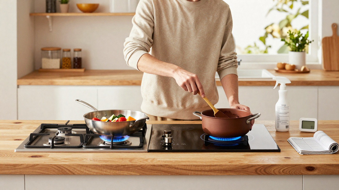 Pessoa a cozinhar com panela e frigideira ao lume numa cozinha moderna com bancada de madeira clara.