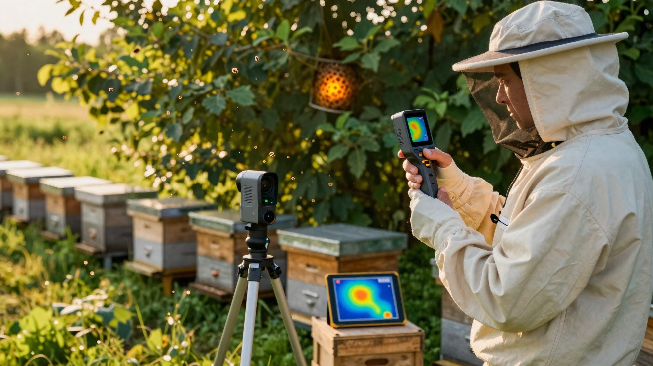 Apicultor com equipamento de deteção térmica junto a colmeias numa área verde ao pôr do sol.