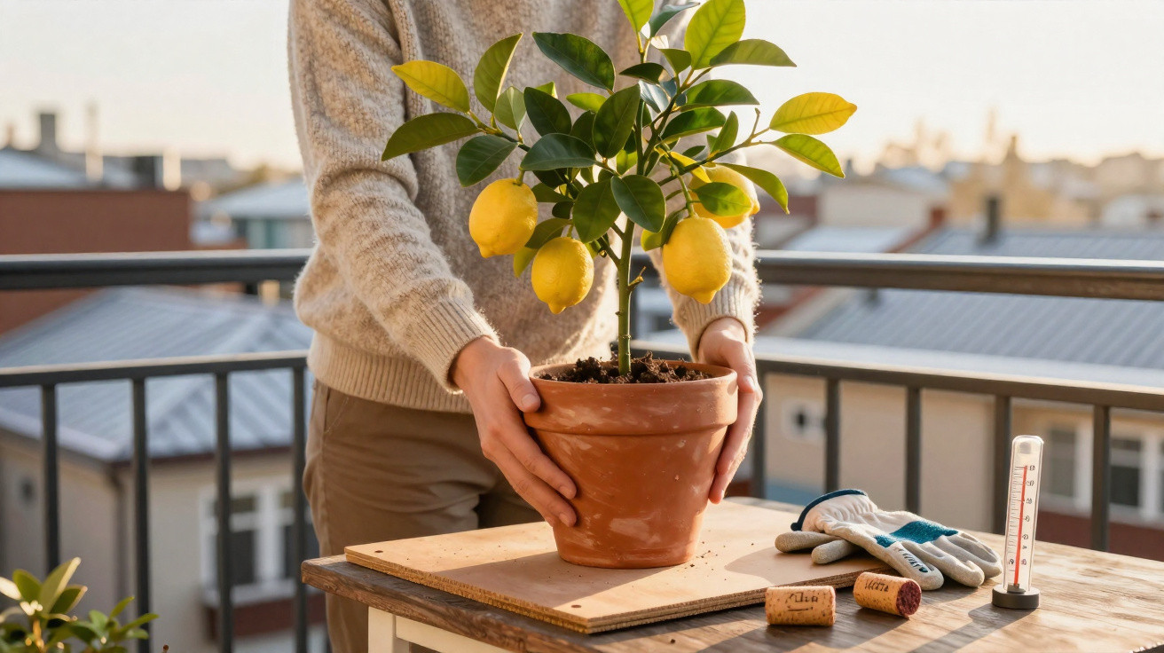 Pessoa a segurar vaso com limoeiro num terraço, com luvas de jardinagem e termómetro na mesa.