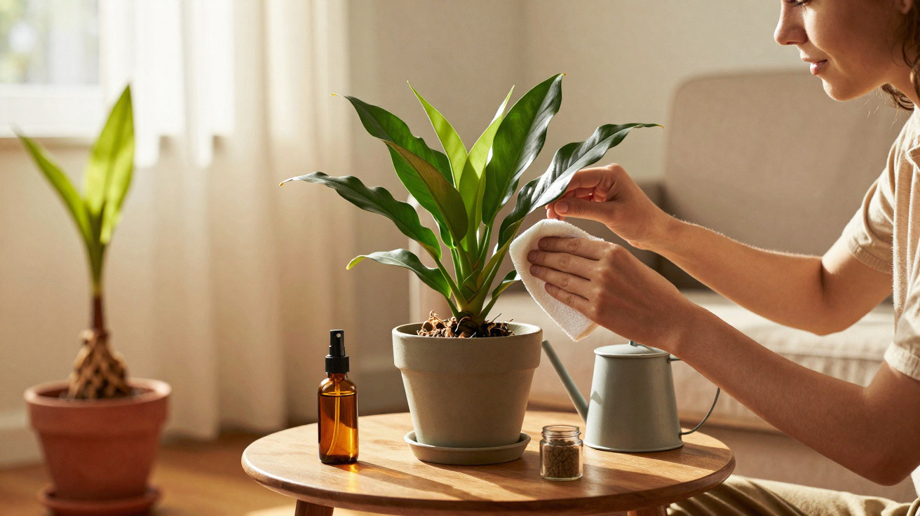 Pessoa a limpar as folhas verdes de planta em vaso num ambiente interior com luz natural.