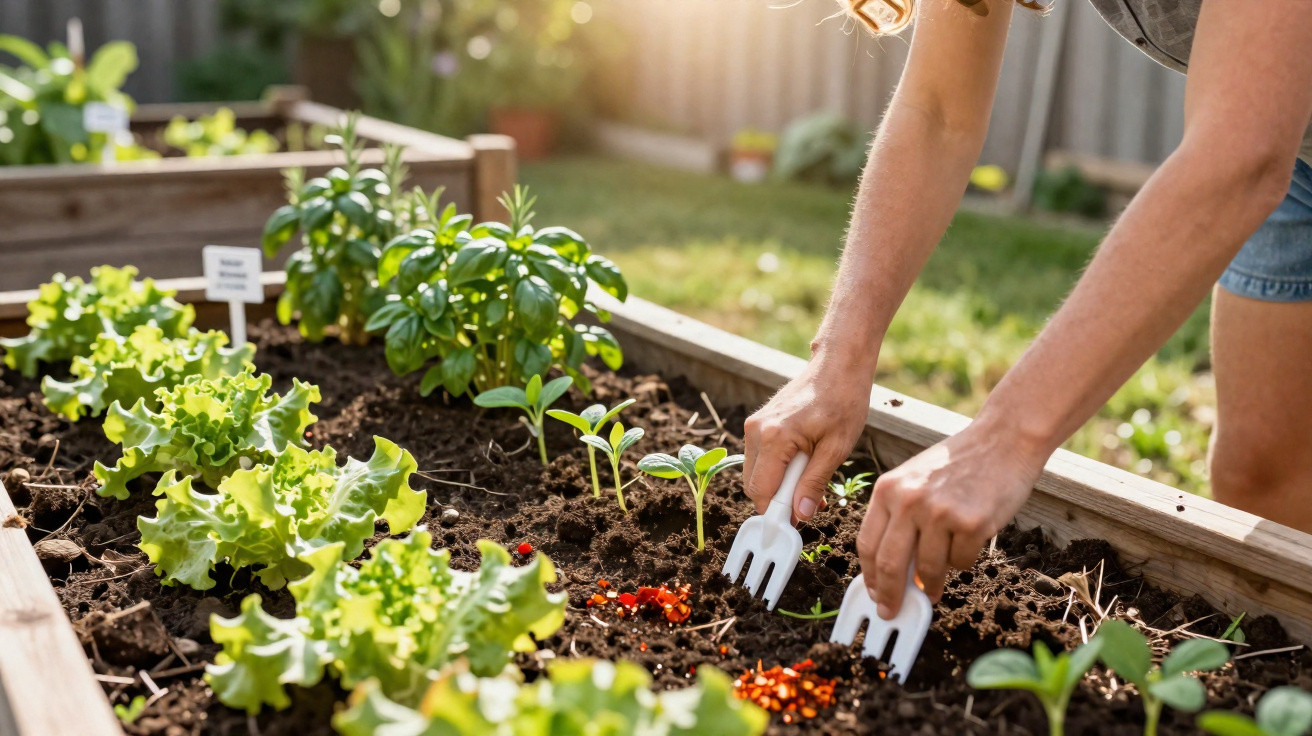 Pessoa a cultivar legumes e ervas aromáticas numa horta caseira com luz solar natural.