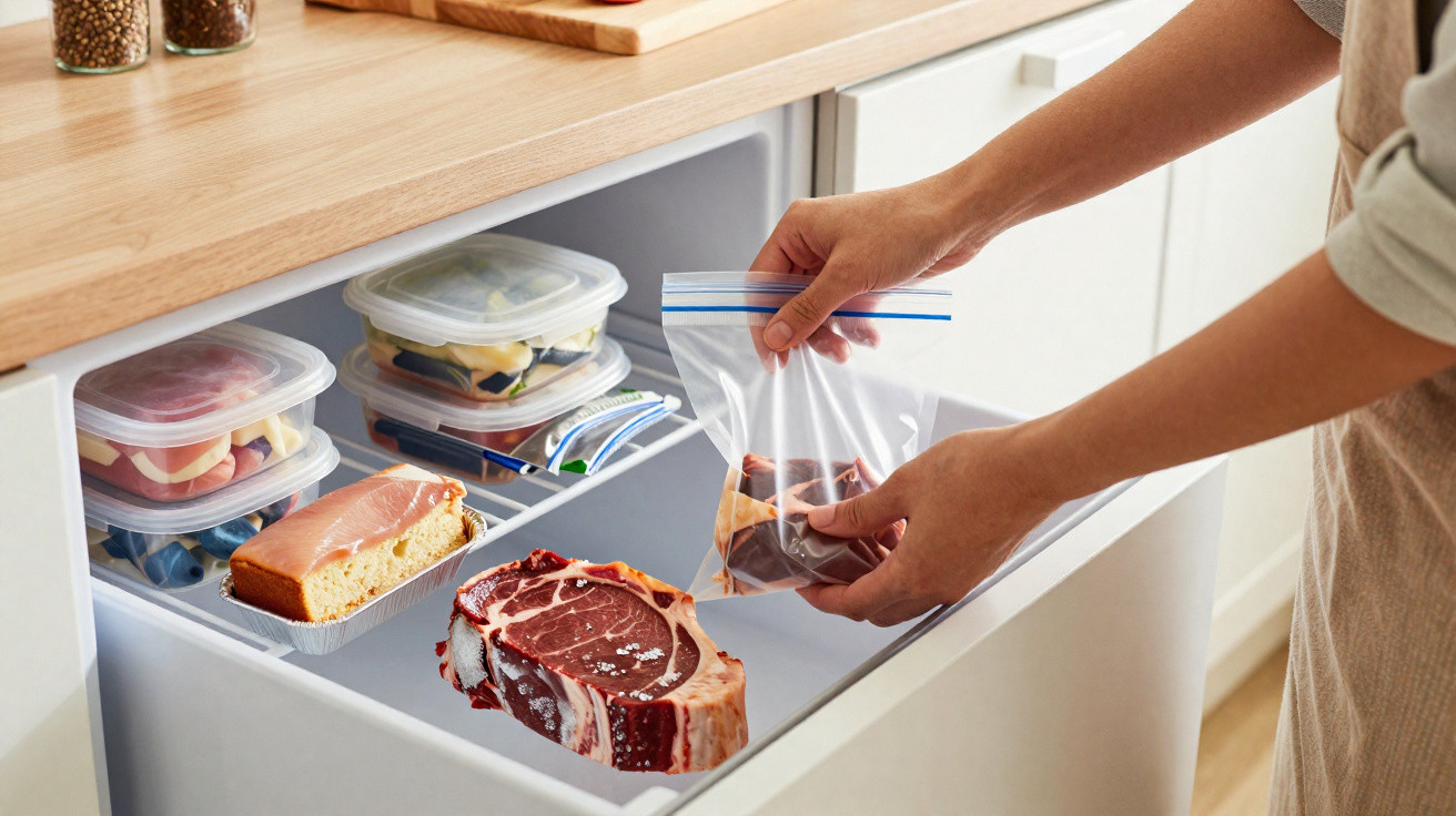 Mãos colocam pedaços de carne em saco hermético num congelador com vários recipientes de plástico.