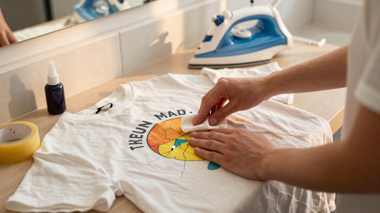 Pessoa a usar um removedor para tirar manchas de uma t-shirt branca com ferro de engomar ao fundo.
