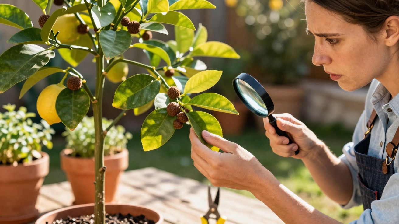 Mulher inspeciona folhas de planta com lupa num vaso ao ar livre numa mesa de madeira.