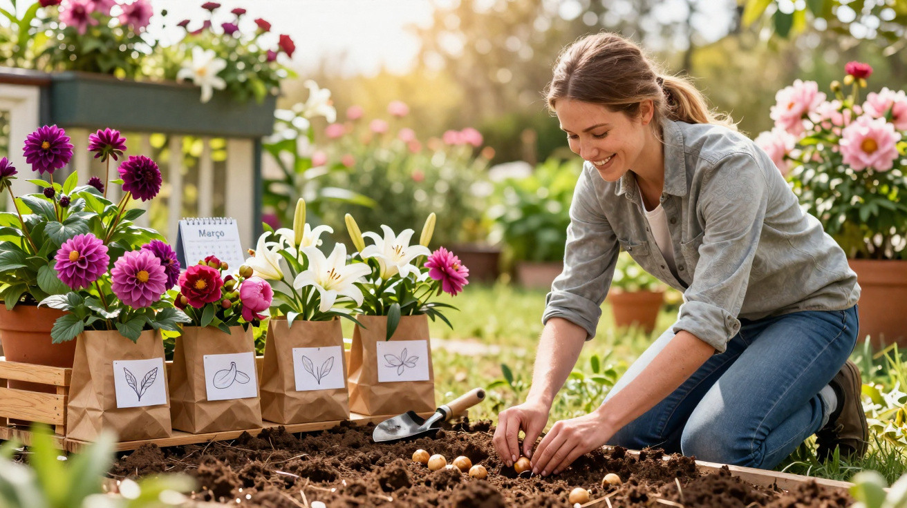 Mulher sorridente a plantar flores numa estufa, rodeada de vasos e papel kraft com desenhos de plantas.