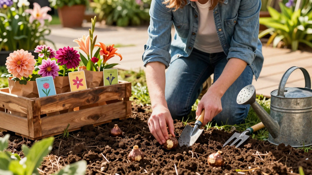 Pessoa a plantar bolbos de flores num jardim, com regador e ferramentas de jardinagem ao lado.