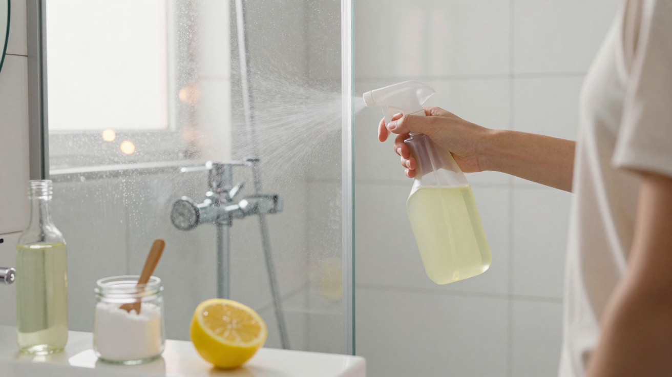 Pessoa a borrifar produto de limpeza natural numa divisória de casa de banho de vidro, com limão e bicarbonato à vista.