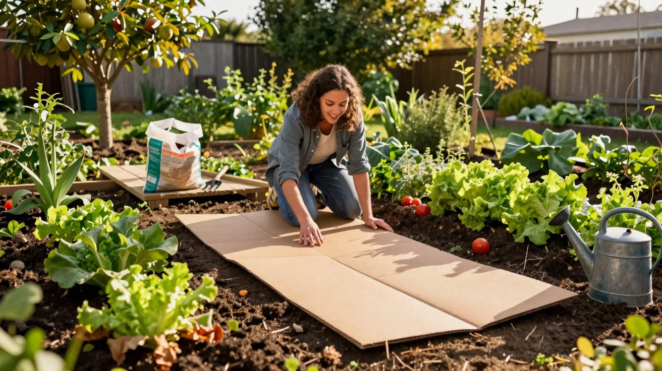Mulher a preparar terreno no jardim para plantar, rodeada de legumes, alfaces e regador metálico.