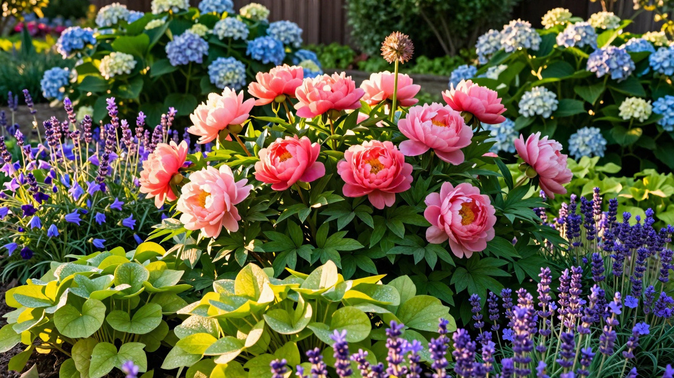 Jardim com flores rosa, lavanda roxa e hortênsias azuis e brancas iluminadas pelo sol.